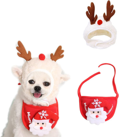 2PCS Christmas Adjustable Pet Christmas Costume Set Including Reindeer Antlers Christmas Tree Headband and Pet Christmas Accessories Decoration Scarf