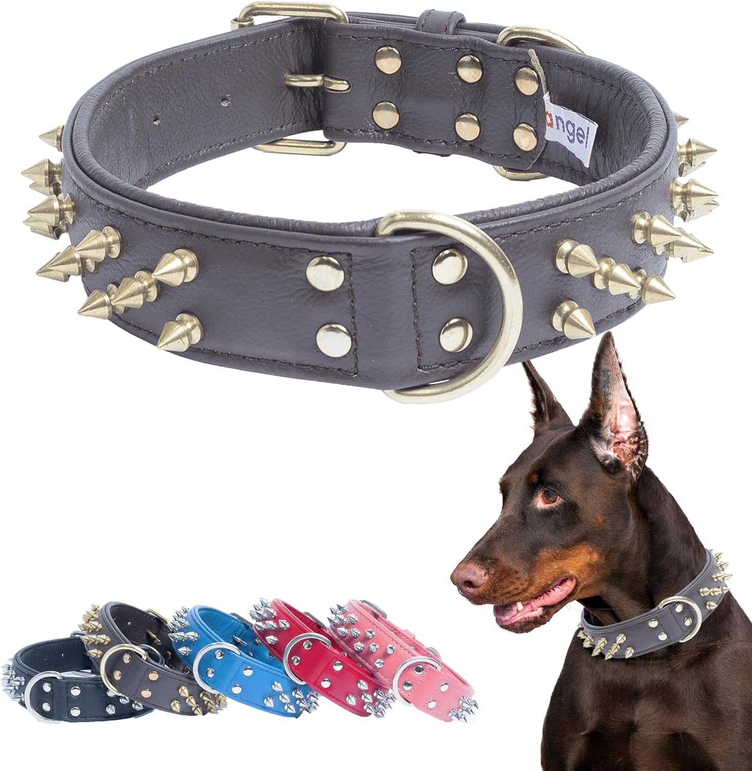 Genuine Leather Spiked Dog Collar | Multi- Line Metal Spikes | Soft and Strong Padded Leather | Stainless Steel | 2 Dee Rings | Multiple Sizes | Amsterdam Spiked Collection by